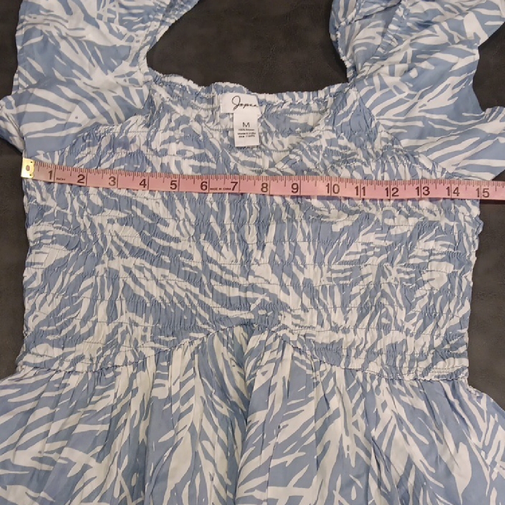 Jopna Blue & White Tropical Smocked Peplum Blouse with Ruffle Sleeves - Picture 6 of 7
